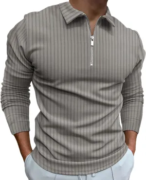 Men's Long Sleeve Polo Shirt Zip Neck Business Casual Tops Ribbed Workout Tee Shirts