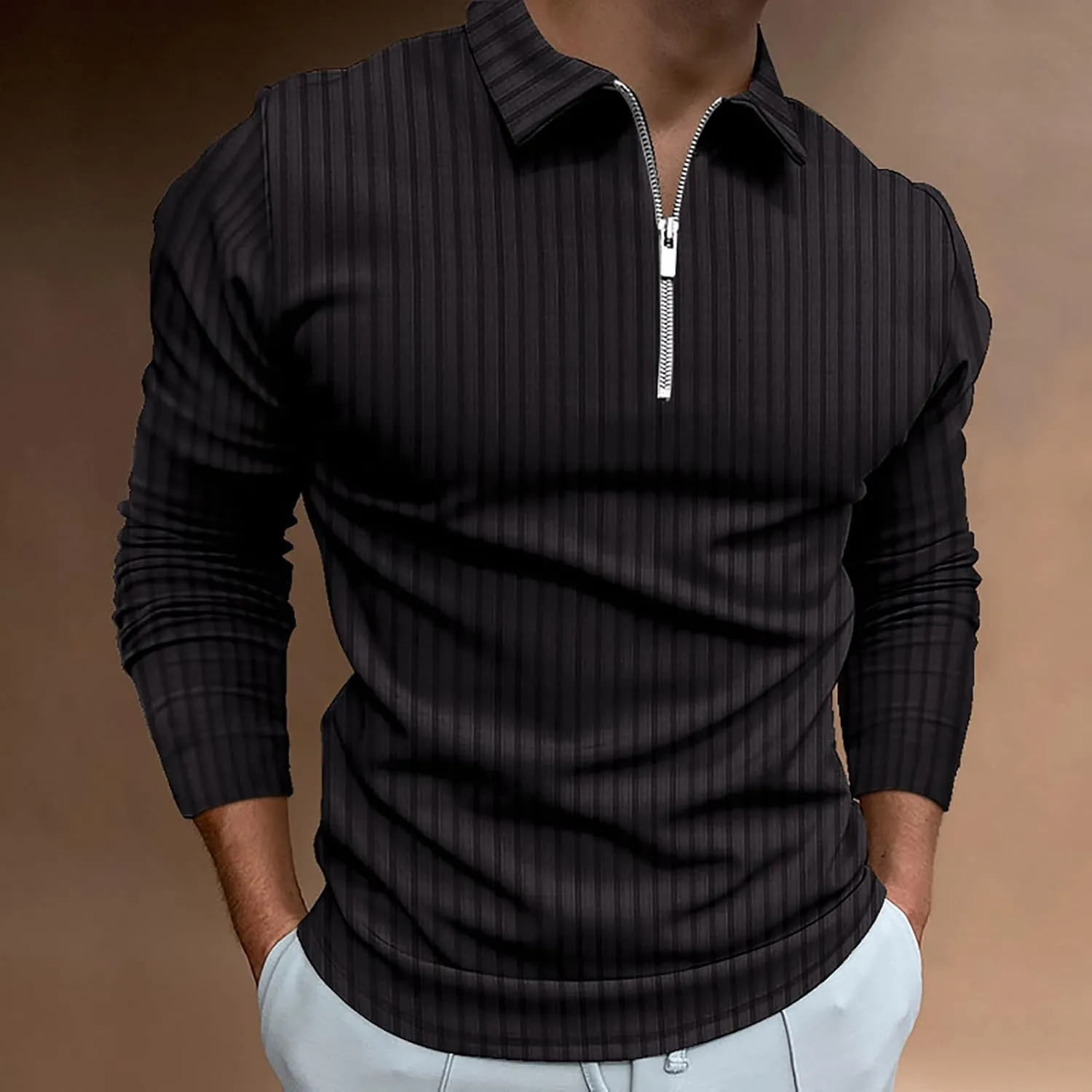 Men's Long Sleeve Polo Shirt Zip Neck Business Casual Tops Ribbed Workout Tee Shirts