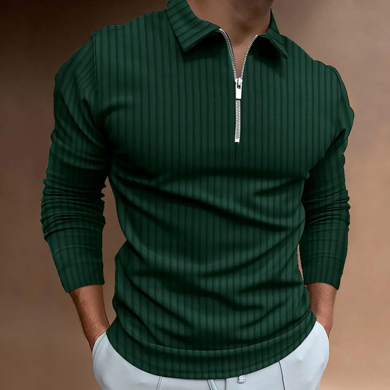 Men's Long Sleeve Polo Shirt Zip Neck Business Casual Tops Ribbed Workout Tee Shirts
