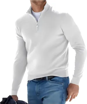 Men's Long Sleeve Solid Color Half Zipper V Neck Knitted Pullovers Oversized Breathable Sweaters