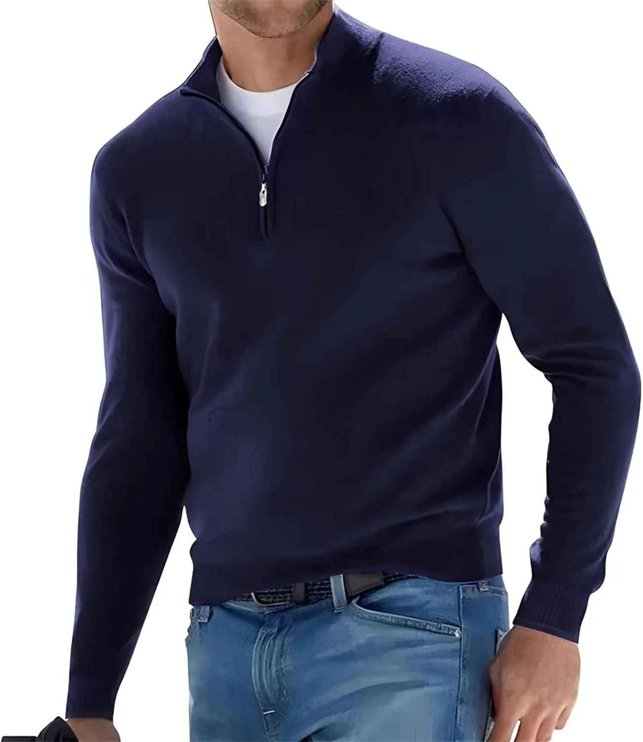 Men's Long Sleeve Solid Color Half Zipper V Neck Knitted Pullovers Oversized Breathable Sweaters