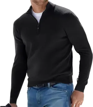 Men's Long Sleeve Solid Color Half Zipper V Neck Knitted Pullovers Oversized Breathable Sweaters