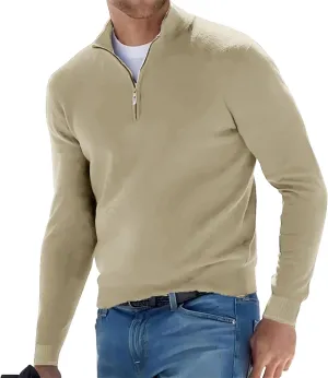 Men's Long Sleeve Solid Color Half Zipper V Neck Knitted Pullovers Oversized Breathable Sweaters