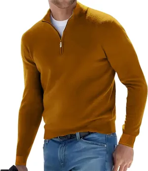 Men's Long Sleeve Solid Color Half Zipper V Neck Knitted Pullovers Oversized Breathable Sweaters