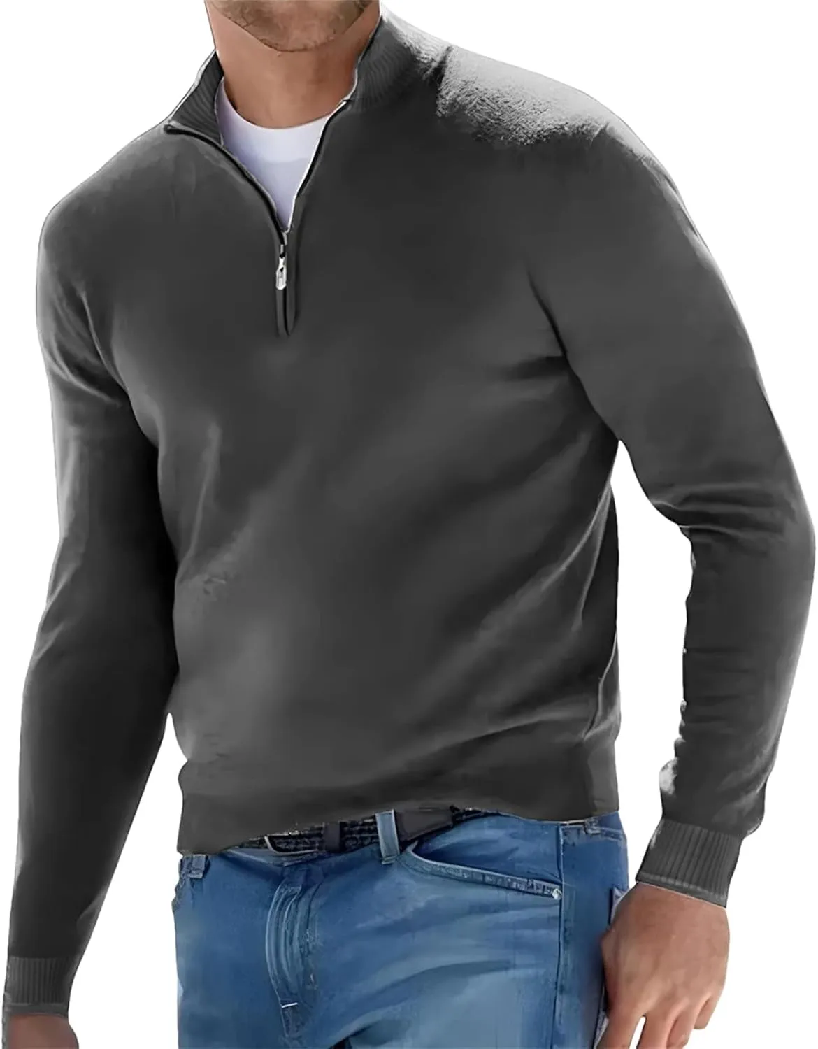 Men's Long Sleeve Solid Color Half Zipper V Neck Knitted Pullovers Oversized Breathable Sweaters