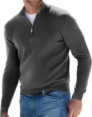 Men's Long Sleeve Solid Color Half Zipper V Neck Knitted Pullovers Oversized Breathable Sweaters
