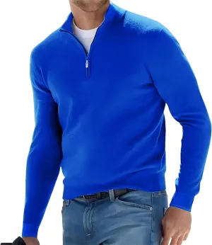 Men's Long Sleeve Solid Color Half Zipper V Neck Knitted Pullovers Oversized Breathable Sweaters