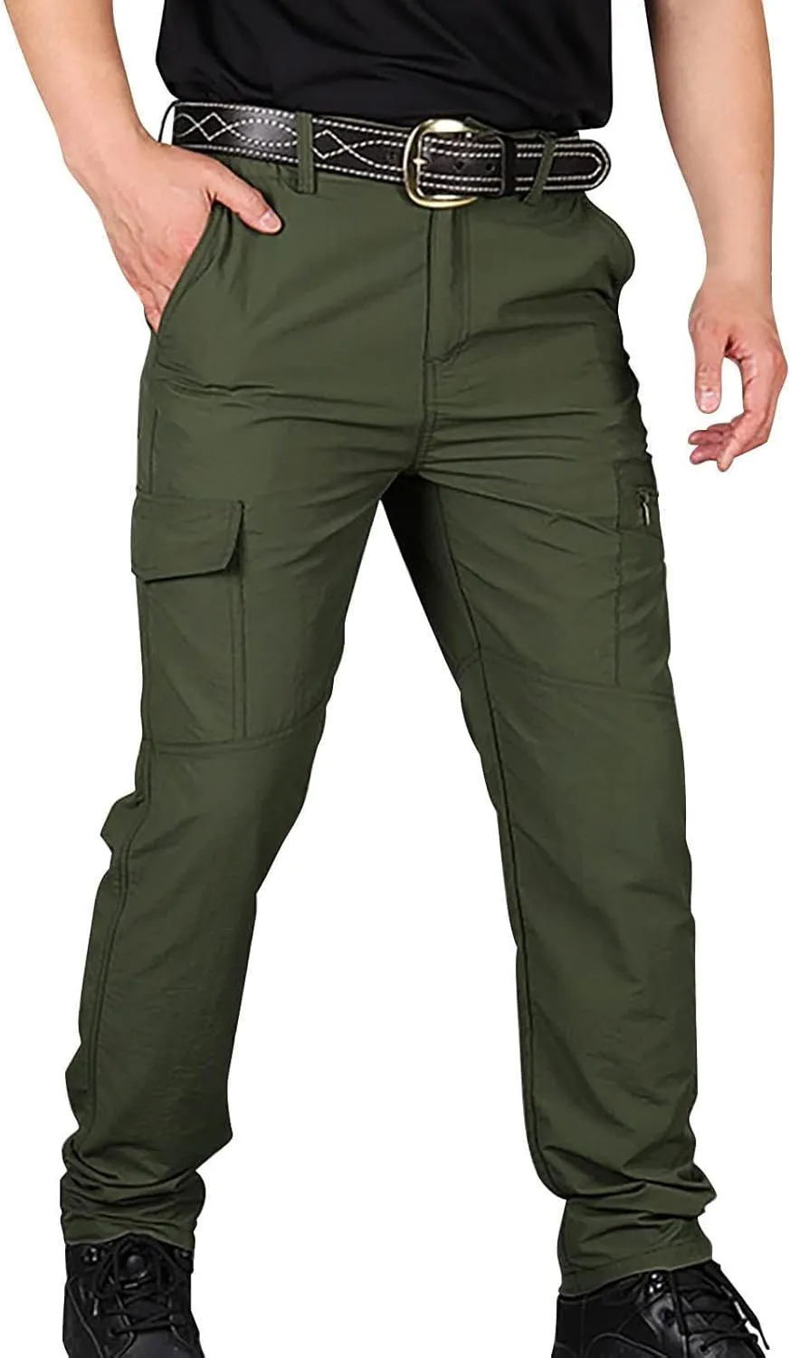 Mens Multi-Pocket Cargo Pants Cotton Simple Solid Color Leisure High Street Elastic Lace Outdoor Hiking Work