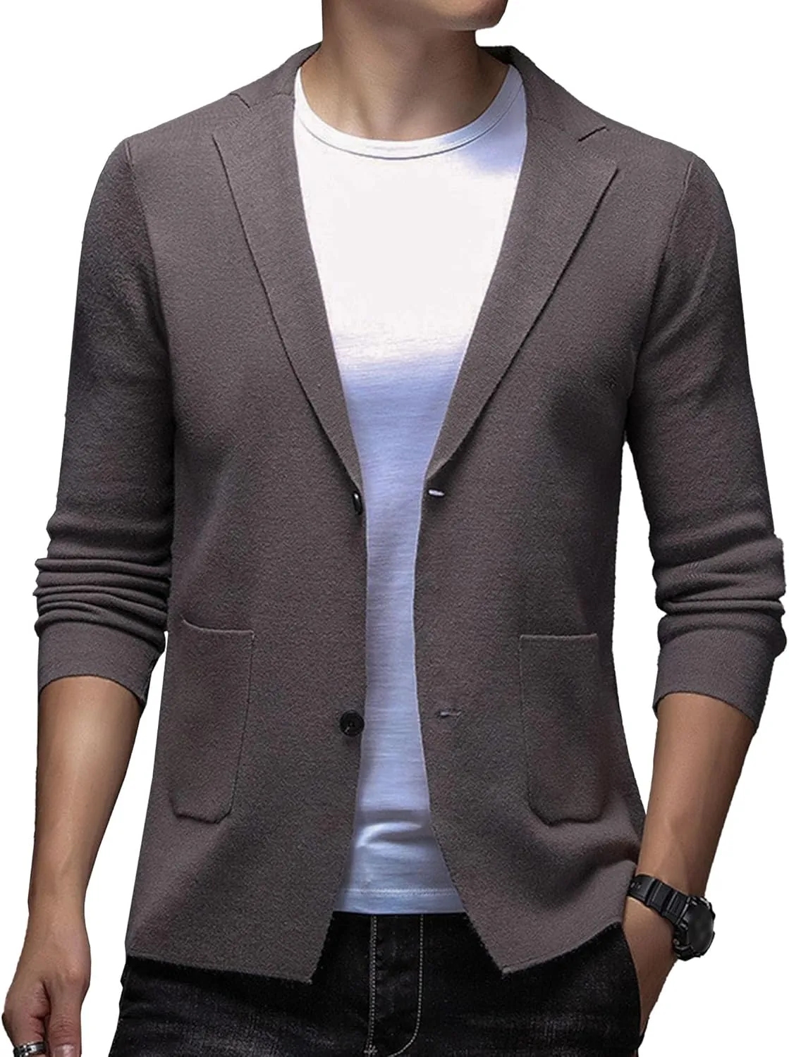 Mens Notched Lapel Cotton Cardigan Casual Knitted Comfor Clothes Coat Button Down Sweater Blazer Pockets
