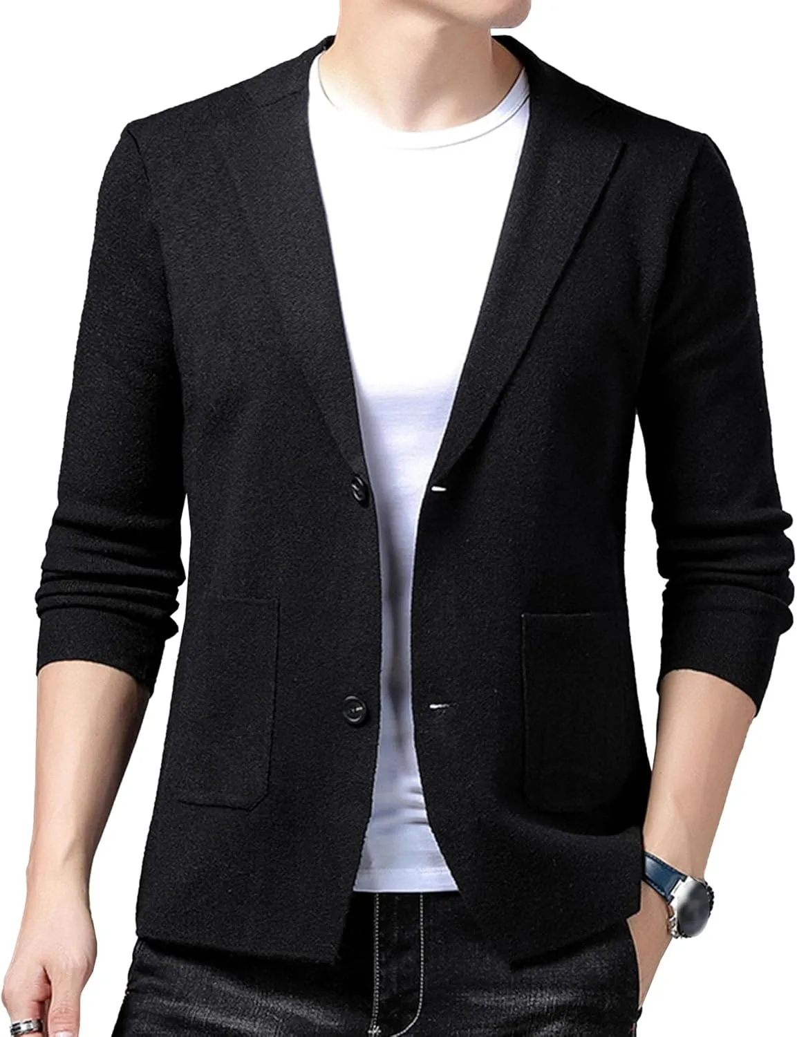 Mens Notched Lapel Cotton Cardigan Casual Knitted Comfor Clothes Coat Button Down Sweater Blazer Pockets