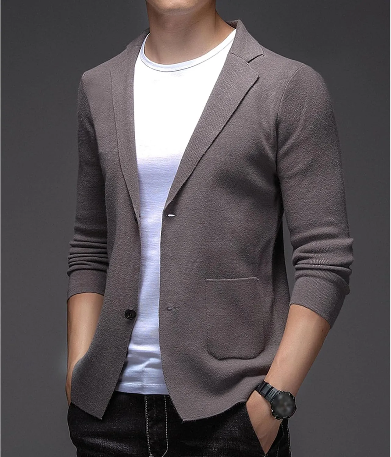 Mens Notched Lapel Cotton Cardigan Casual Knitted Comfor Clothes Coat Button Down Sweater Blazer Pockets