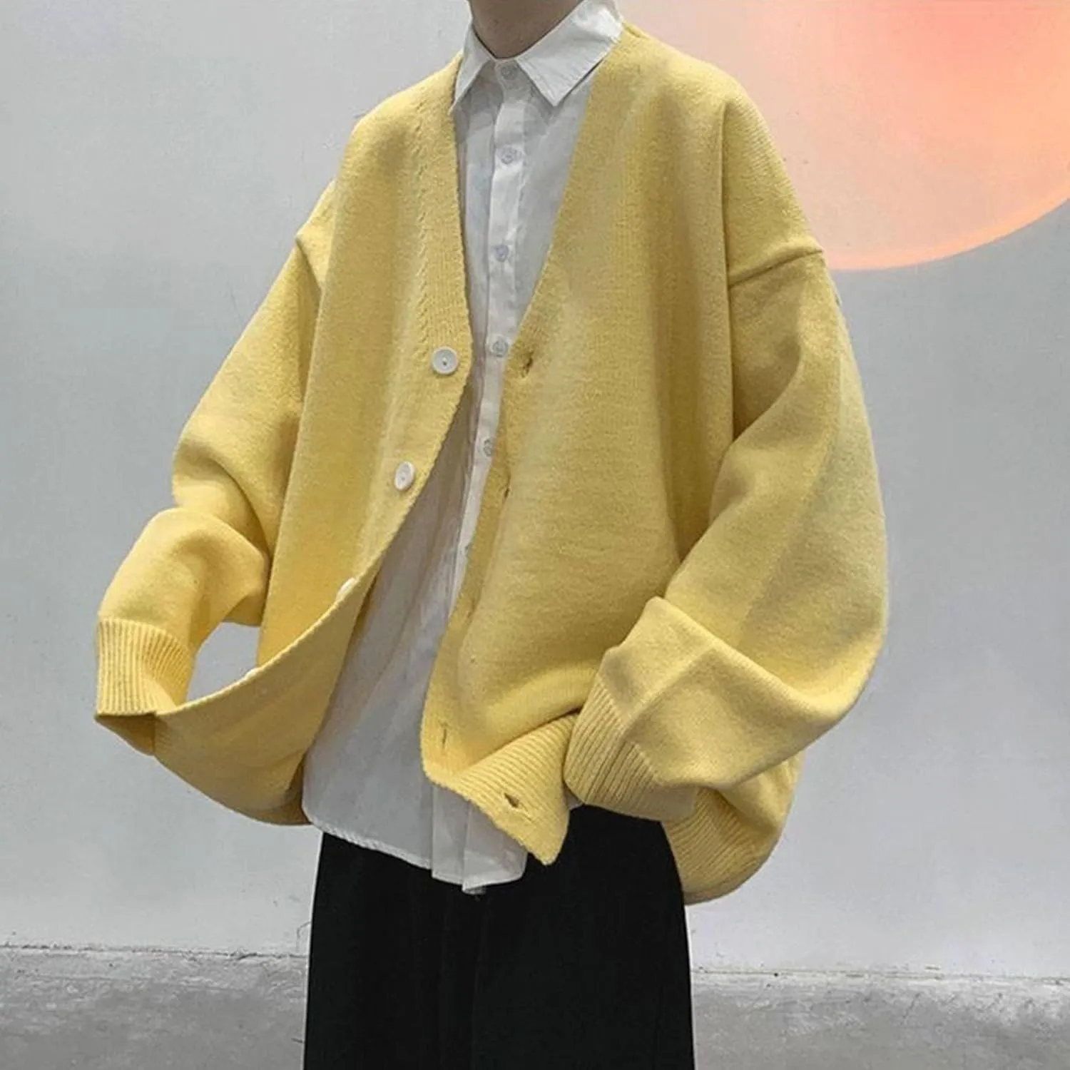 Men's Oversized Casual Button Down Cardigan V Neck Button Up Knit Jacket Vintage Solid Knitwear Cardigan