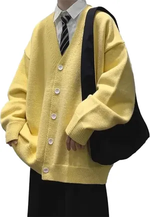 Men's Oversized Casual Button Down Cardigan V Neck Button Up Knit Jacket Vintage Solid Knitwear Cardigan