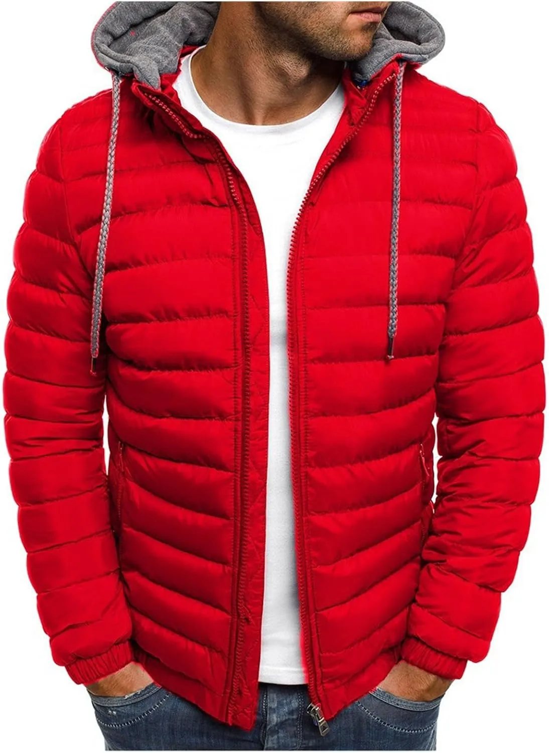 Men's Packable Puffer Jackets Lightweight Quilted Padded Jacket Hooded Detachable Down Bubble Coats Casual Tops