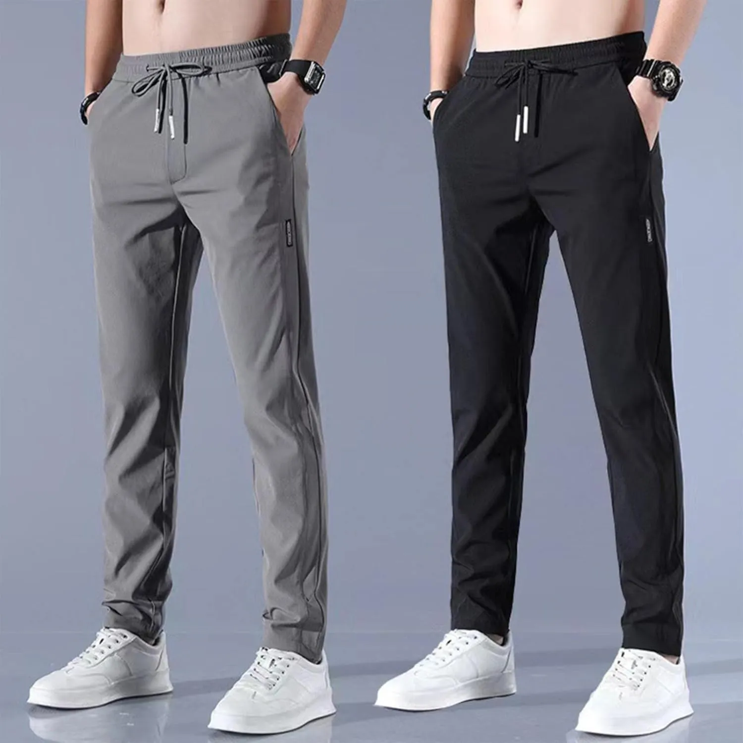 Mens Pants, Quick Drying Stretch Pants, Mens Thin Straight Fit Pants, Elastic Waist Breathable Sports Pants