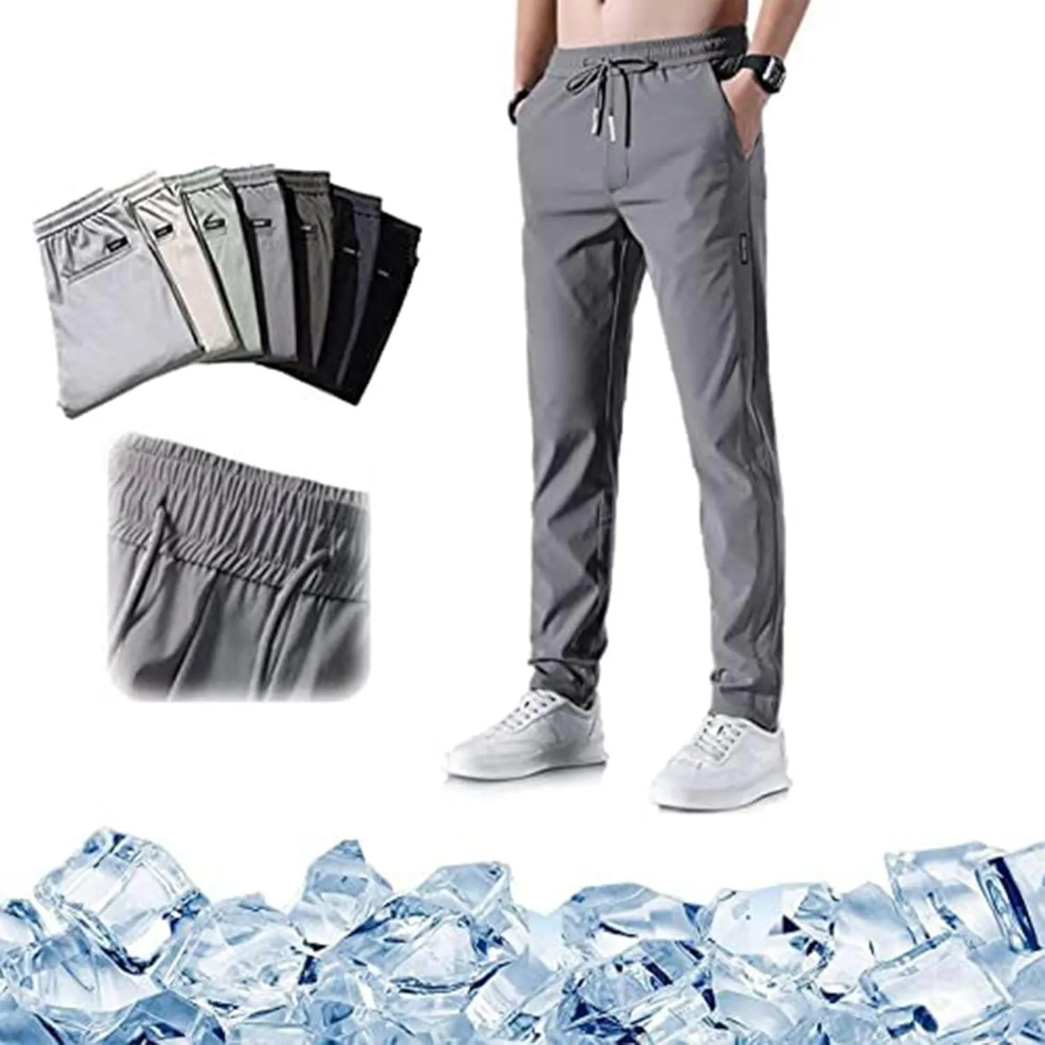 Mens Pants, Quick Drying Stretch Pants, Mens Thin Straight Fit Pants, Elastic Waist Breathable Sports Pants