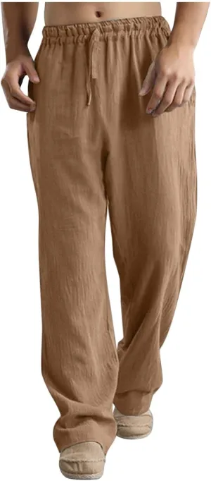 Men's Pants Relaxed Fit Mens Linen Beach Pants Summer Casual Solid Color Pants Elastic Waist Drawstring Loose Trousers with Pockets Cotton Overalls