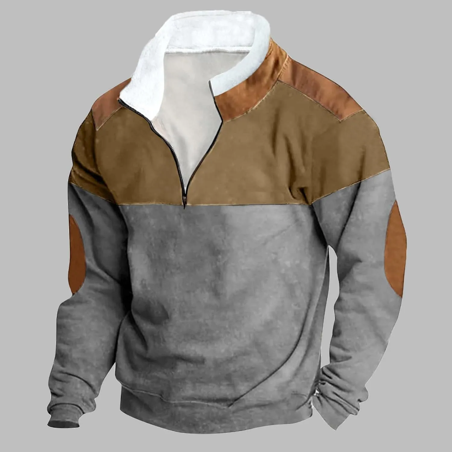 Mens Patchwork Winter Sweatshirts 1/4 Zip Zipper Stand Collar Sweatshirts Casual Long Sleeve Pullover Tops