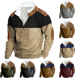 Mens Patchwork Winter Sweatshirts 1/4 Zip Zipper Stand Collar Sweatshirts Casual Long Sleeve Pullover Tops
