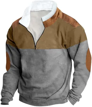 Mens Patchwork Winter Sweatshirts 1/4 Zip Zipper Stand Collar Sweatshirts Casual Long Sleeve Pullover Tops
