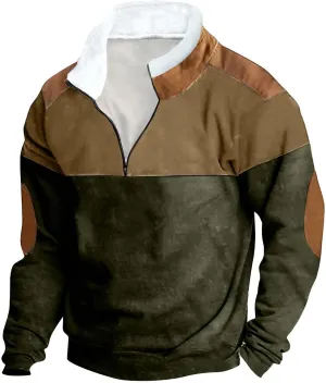 Mens Patchwork Winter Sweatshirts 1/4 Zip Zipper Stand Collar Sweatshirts Casual Long Sleeve Pullover Tops