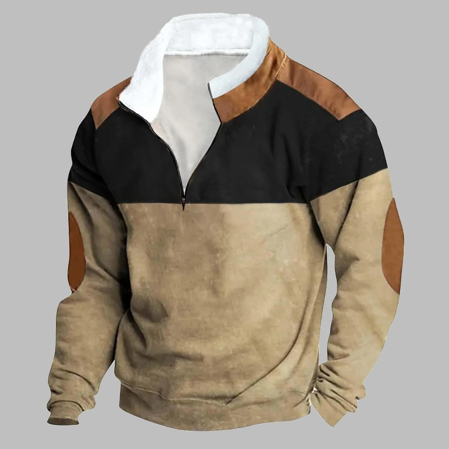 Mens Patchwork Winter Sweatshirts 1/4 Zip Zipper Stand Collar Sweatshirts Casual Long Sleeve Pullover Tops