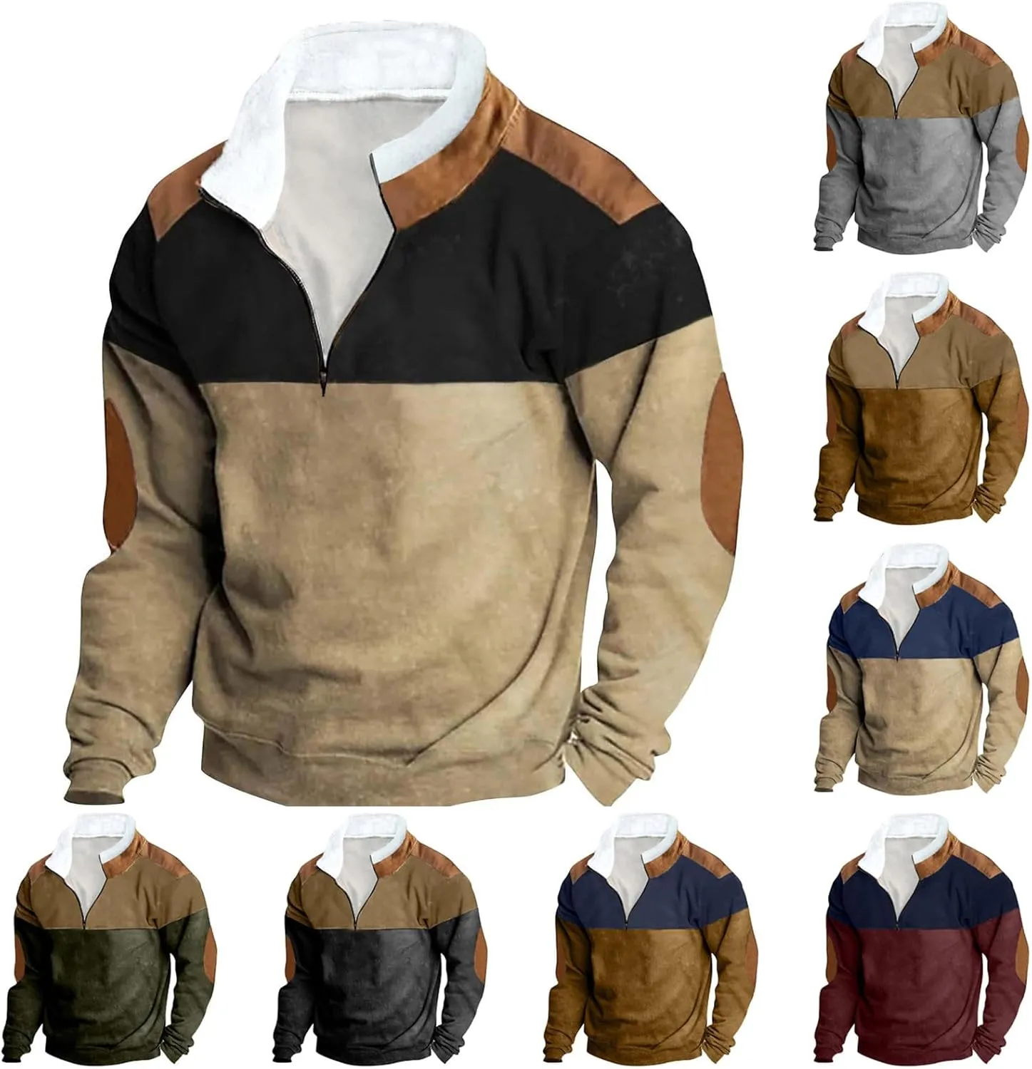 Mens Patchwork Winter Sweatshirts 1/4 Zip Zipper Stand Collar Sweatshirts Casual Long Sleeve Pullover Tops