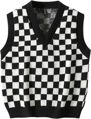 Men's Plaid Sweater Vest V-Neck Sleeveless Sweater Vest Campus Pullovers Classic Fit Tank Tops