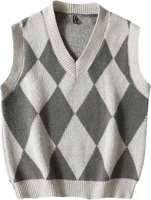 Men's Plaid Sweater Vest V-Neck Sleeveless Sweater Vest Campus Pullovers Classic Fit Tank Tops