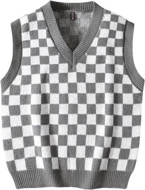 Men's Plaid Sweater Vest V-Neck Sleeveless Sweater Vest Campus Pullovers Classic Fit Tank Tops
