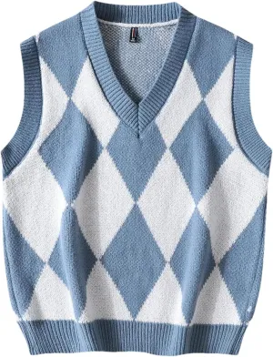 Men's Plaid Sweater Vest V-Neck Sleeveless Sweater Vest Campus Pullovers Classic Fit Tank Tops