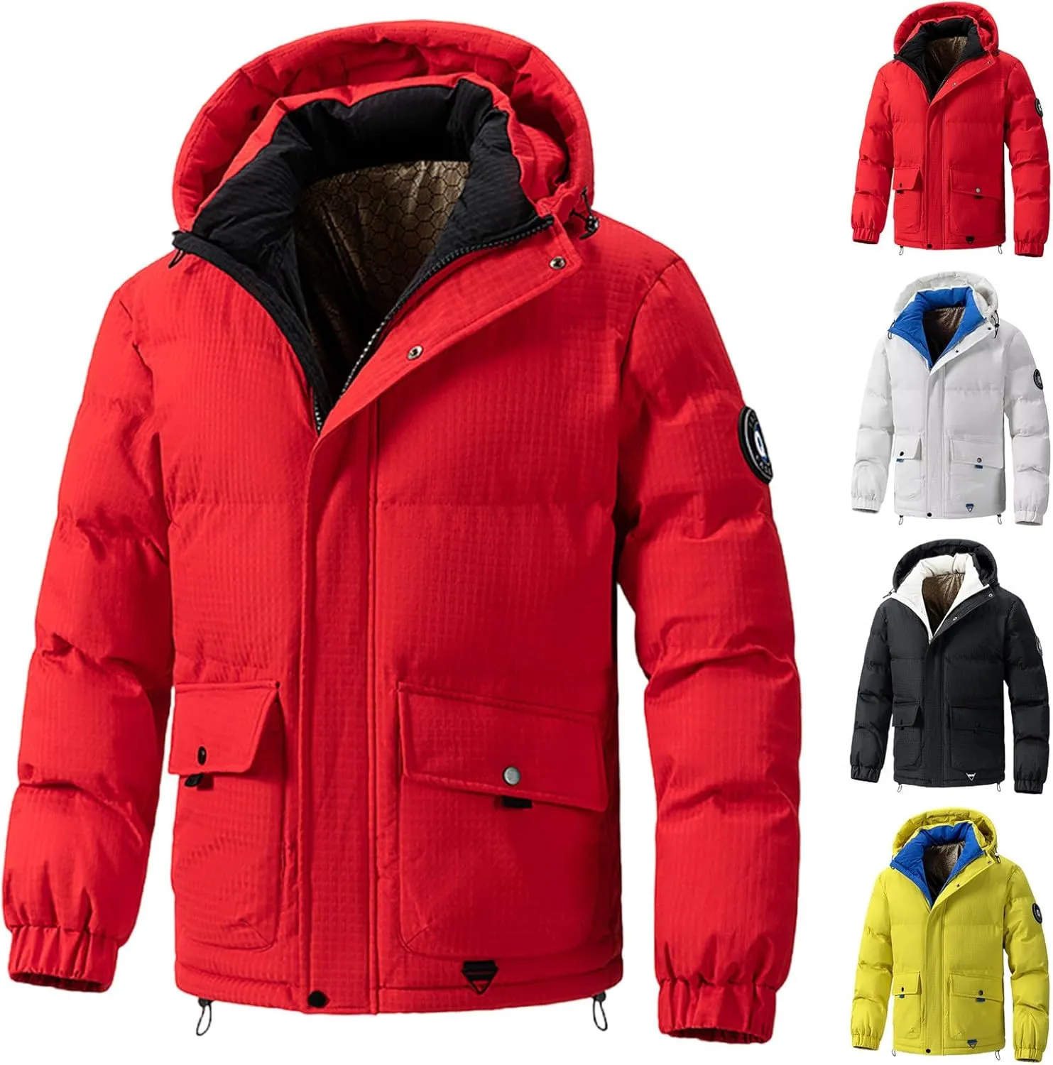 Men's Puffer Jackets Winter Warm Waterproof Down Coat Long Sleeve Puffy Jacket Stylish Trendy Outerwear with Hood