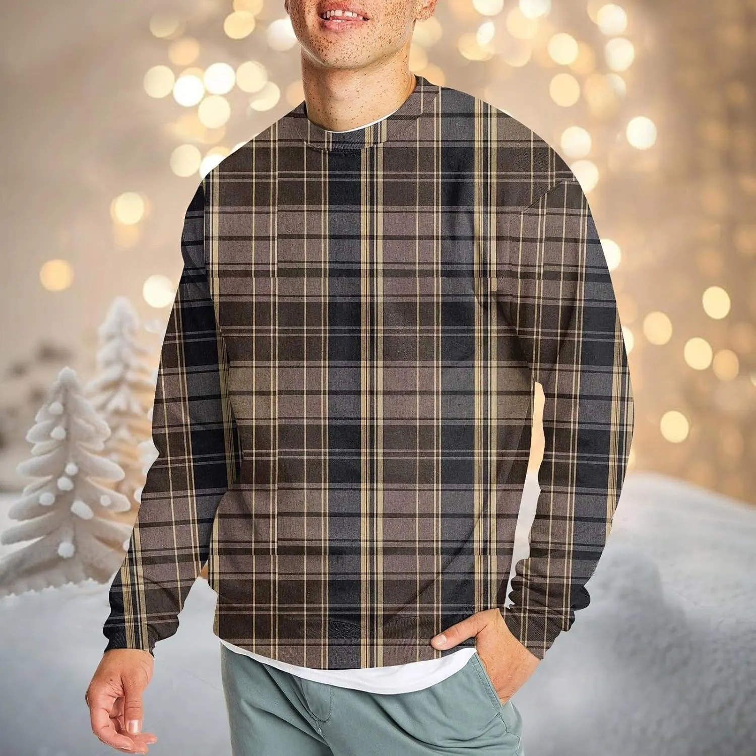 Men's Pullover Sweatshirt Novelty Plaid Print Crewneck Sweaters Plus Size Casual Long Sleeve Fall Winter Tops Outfits