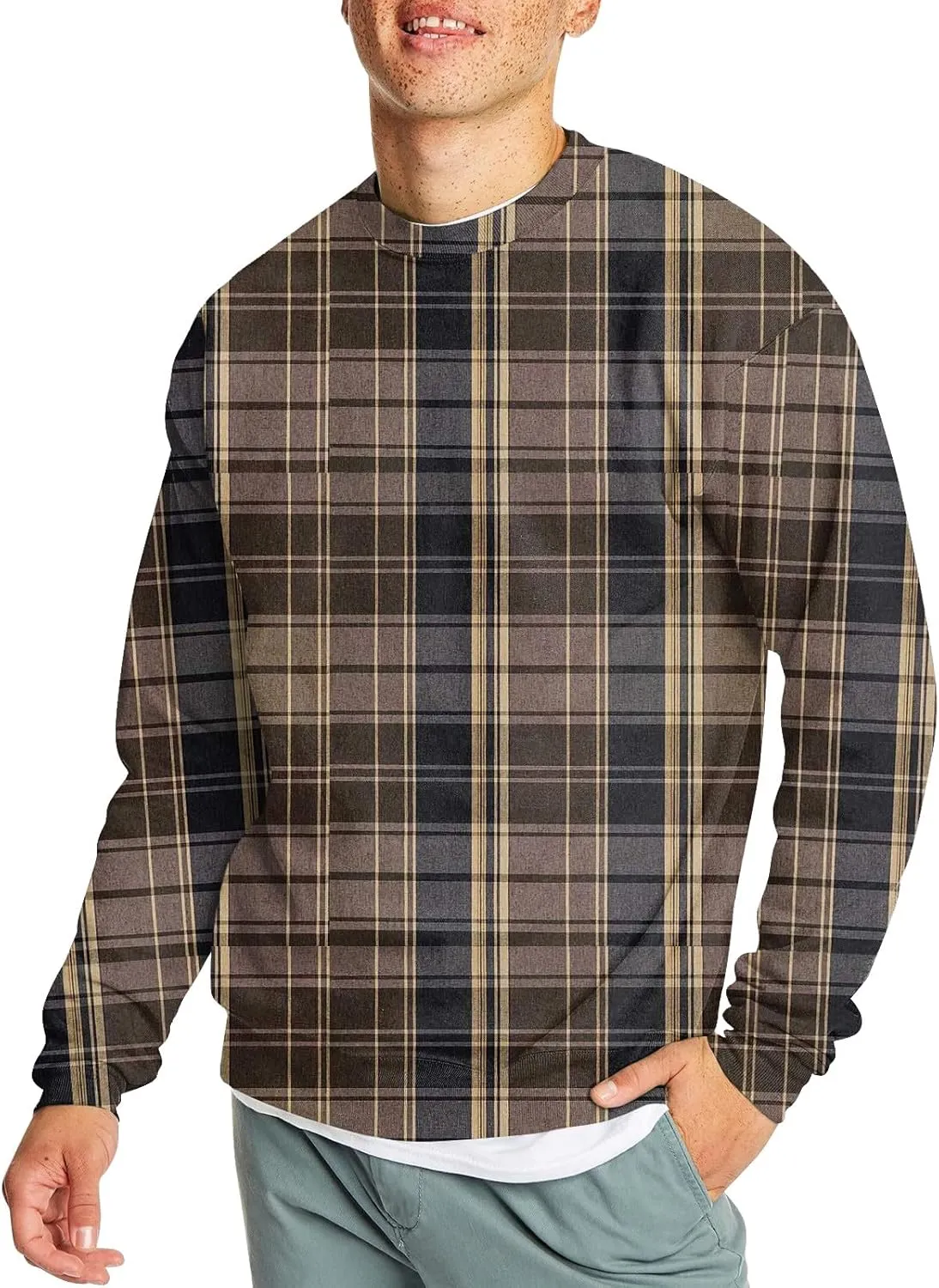 Men's Pullover Sweatshirt Novelty Plaid Print Crewneck Sweaters Plus Size Casual Long Sleeve Fall Winter Tops Outfits