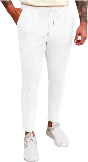 Men's Smart Rugby Trousers Waffle Pants Stretch Chinos Casual Elastic Waist Sweatpants Business Office Work Home Pants