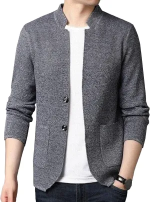 Men's Soft Knit Blazer Open Front Coat Lightweight Mandarin Collar Sweaters Button Down Blazers with Pockets