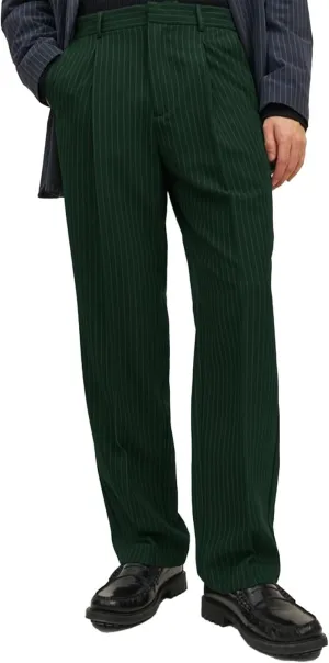 Mens Striped Formal Pants with Pockets Elastic Waist Front Pleats Straight-Leg Trousers