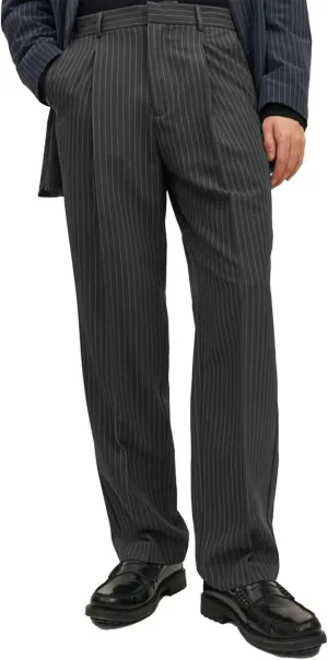 Mens Striped Formal Pants with Pockets Elastic Waist Front Pleats Straight-Leg Trousers