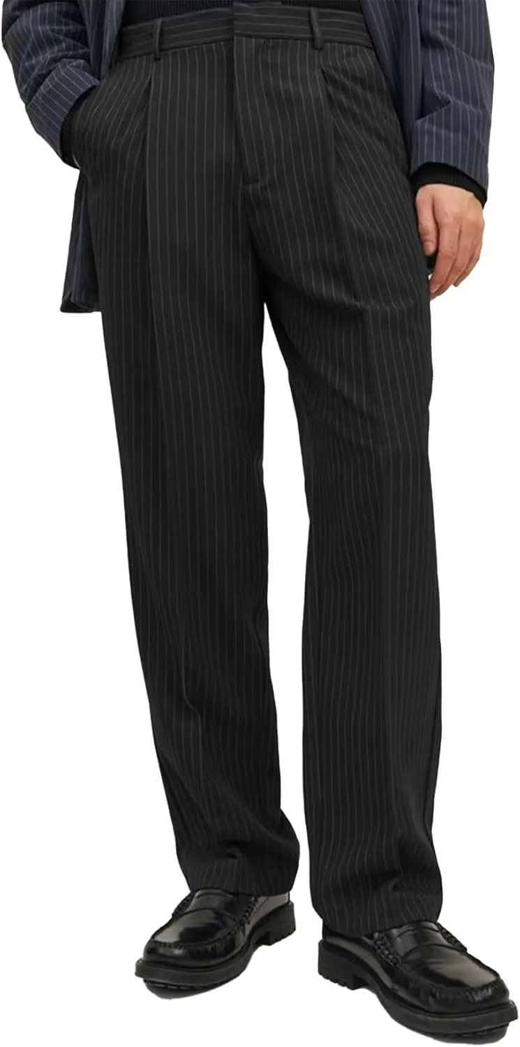 Mens Striped Formal Pants with Pockets Elastic Waist Front Pleats Straight-Leg Trousers