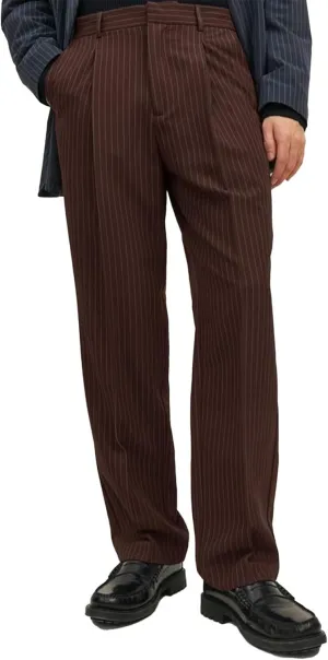 Mens Striped Formal Pants with Pockets Elastic Waist Front Pleats Straight-Leg Trousers