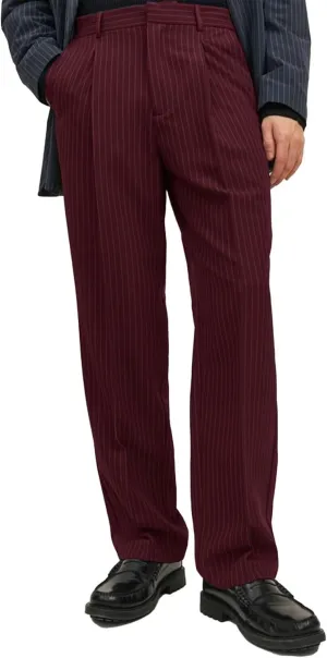 Mens Striped Formal Pants with Pockets Elastic Waist Front Pleats Straight-Leg Trousers