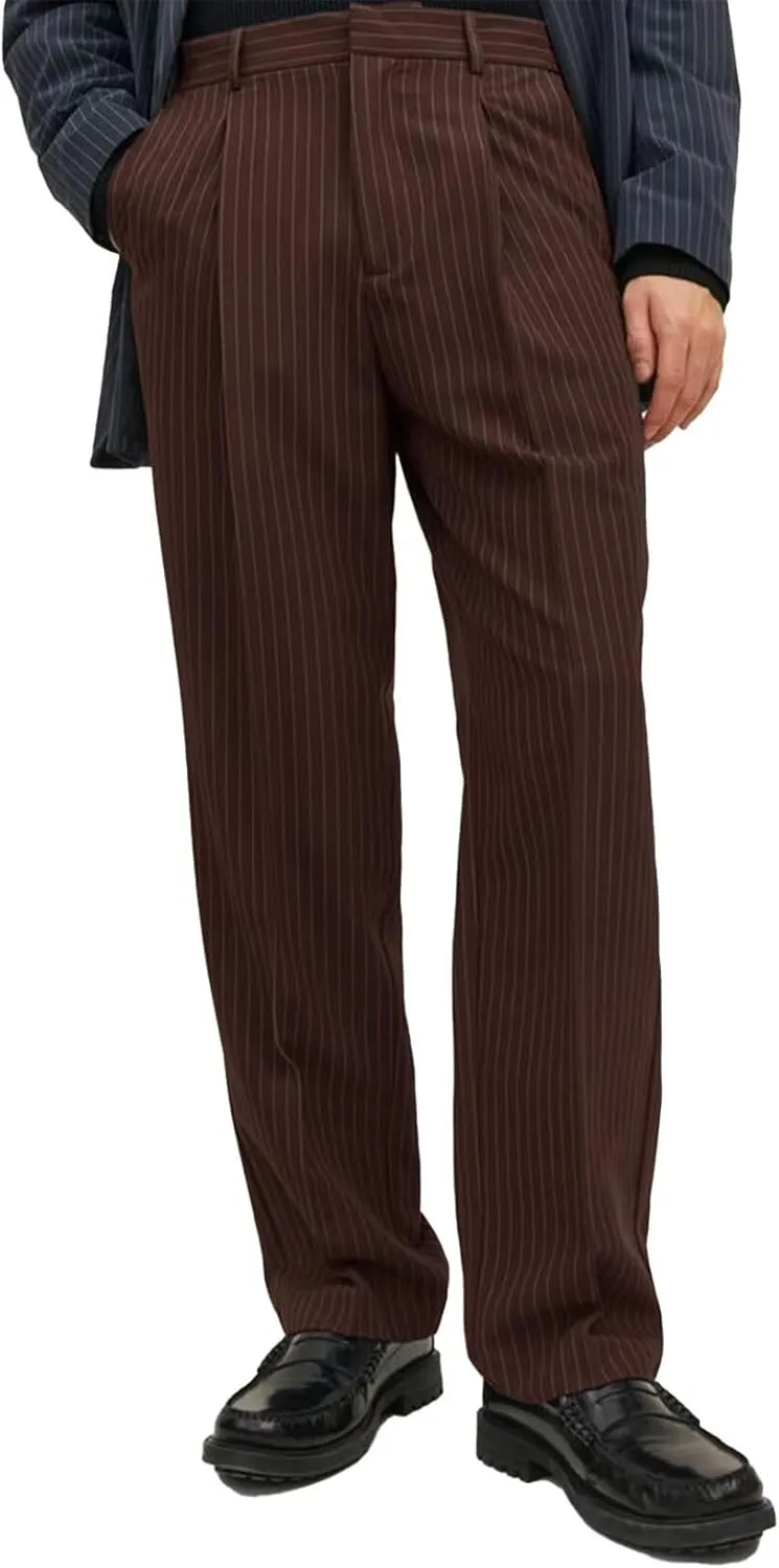 Mens Striped Formal Pants with Pockets Elastic Waist Front Pleats Straight-Leg Trousers