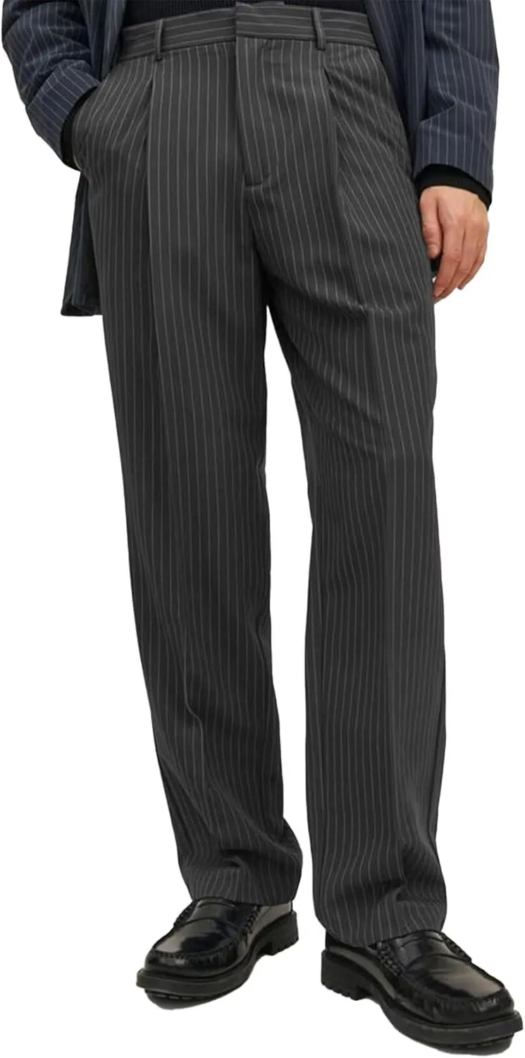 Mens Striped Formal Pants with Pockets Elastic Waist Front Pleats Straight-Leg Trousers
