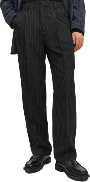 Mens Striped Formal Pants with Pockets Elastic Waist Front Pleats Straight-Leg Trousers