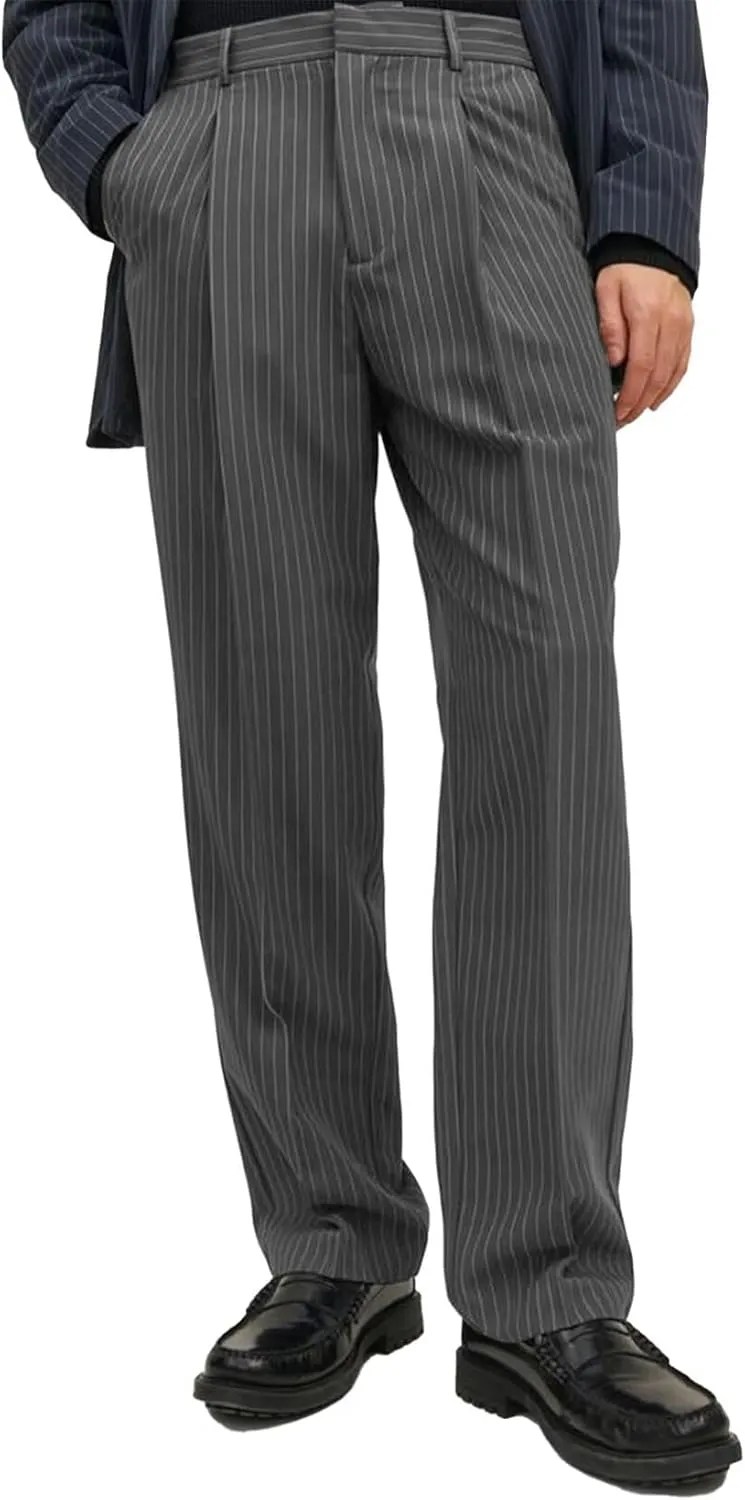 Mens Striped Formal Pants with Pockets Elastic Waist Front Pleats Straight-Leg Trousers