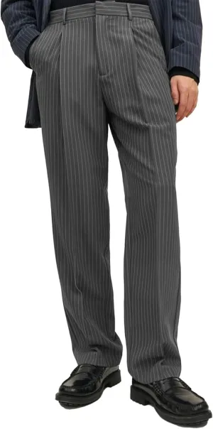 Mens Striped Formal Pants with Pockets Elastic Waist Front Pleats Straight-Leg Trousers