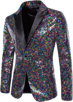 Mens Stylish Sequin Blazer Slim Fit One Button Sparkle Disco Prom Suit Jackets Lapel Party Dinner Tuxedo Sport Coat