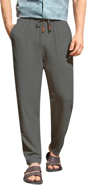 Men's Summer Beach Linen Pants Lightweight Casual Vacation Slacks Elastic Waist Drawstring Yoga Trousers with Pockets