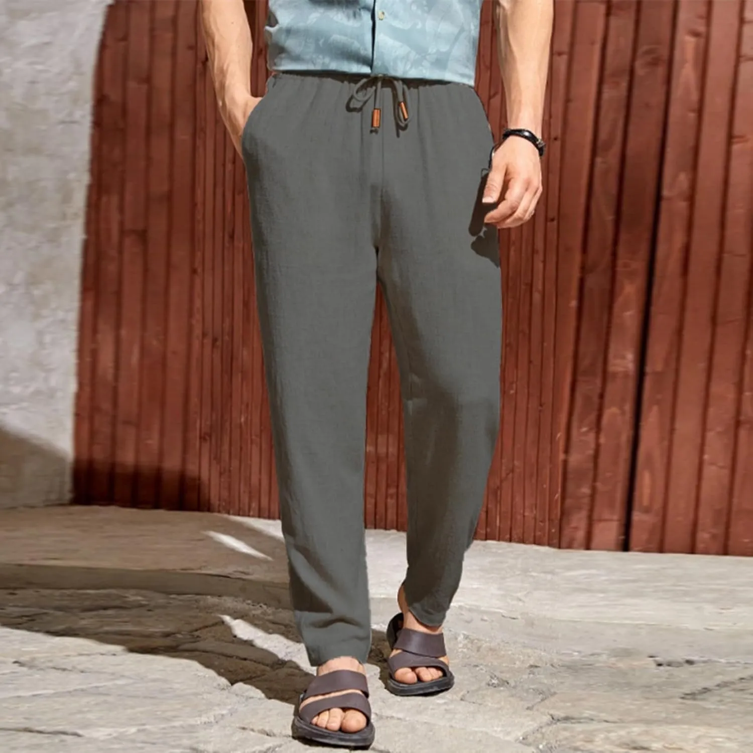 Men's Summer Beach Linen Pants Lightweight Casual Vacation Slacks Elastic Waist Drawstring Yoga Trousers with Pockets