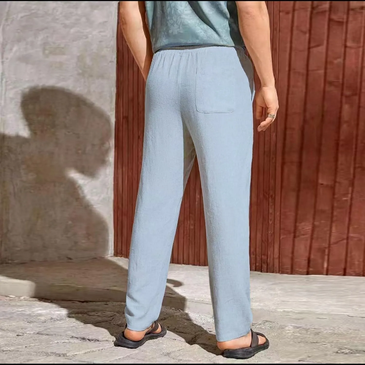 Men's Summer Beach Linen Pants Lightweight Casual Vacation Slacks Elastic Waist Drawstring Yoga Trousers with Pockets